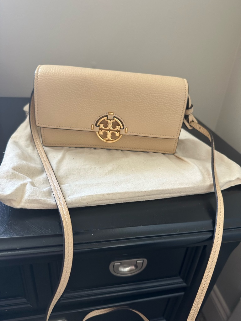 Tory Burch Neutral Beige Leather Crossbody With Gold Logo